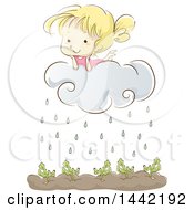 Poster, Art Print Of Sketched Blond Caucasian Girl On A Rain Cloud Over A Garden