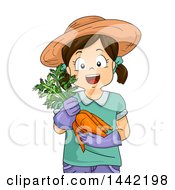 Poster, Art Print Of Happy Caucasian Girl Wearing A Sun Hat And Holding Harvested Carrots