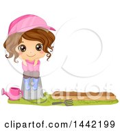 Poster, Art Print Of Cartoon Brunette Girl Sitting On A Pail By A Garden Bed