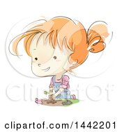 Poster, Art Print Of Sketched Red Haired Caucasian Girl Planting A Seedling In A Garden