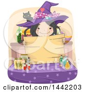 Poster, Art Print Of Sketched Witch Girl Holding A Wood Sign Over A Table Of Potions