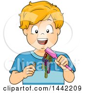 Cartoon Blond Caucasian Boy Experimenting With Magnets And Paperclips