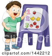 Poster, Art Print Of Cartoon Brunette Caucasian Schhool Boy Learning How To Count With Magnets On A Board