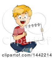 Poster, Art Print Of Cartoon Blond Caucasian School Boy Sitting And Presenting A Blank Notebook
