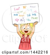 Clipart Of A Cartoon Blond Caucasian School Girl Holding Up A Board With Physics Formulas Royalty Free Vector Illustration