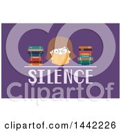 Poster, Art Print Of Brunette Caucasian Nerdy Girl Reading A Book With Stacks Over The Word Silence On Purple