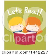 Clipart Of A Flat Style Caucasian Boy And Girl With An Open Book And Lets Read Text On Green Royalty Free Vector Illustration