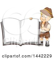 Poster, Art Print Of Cartoon Caucasian Safari Boy Holding Up A Giant Book