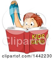 Clipart Of A Cartoon Caucasian Boy Holding Up A Blindfold And Reading A Book About Games Royalty Free Vector Illustration