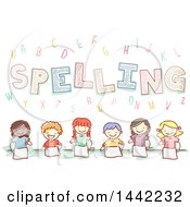 Poster, Art Print Of Group Of Sketched School Children Learning How To Spell