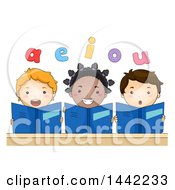 Poster, Art Print Of Group Of School Children Holding Books And Reading Vowels Out Loud