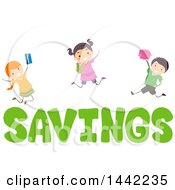 Poster, Art Print Of Group Of Children Holding Financial Items And Jumping Over Savings Text