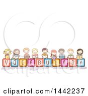 Clipart Of A Sketched Row Of School Children Holding Books Over VOCABULARY Blocks Under Text Space Royalty Free Vector Illustration