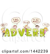 Poster, Art Print Of Group Of Sketched Children Asking Questions With The Word Adverb