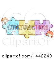 Poster, Art Print Of Sketched Boy And Girl With Puzzle Pieces And Conjunction Text
