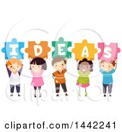 Poster, Art Print Of Group Of School Children Holding Up Puzzle Pieces Spelling Ideas