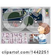 Clipart Of A Cartoon Brunette Caucasian Boy Using Math To Control Robots Royalty Free Vector Illustration