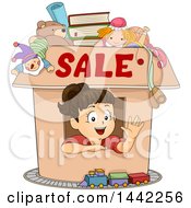 Poster, Art Print Of Brunette Caucasian Girl Waving From Inside A Box With Sale Text And Items Available
