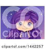 Poster, Art Print Of Caucasian Girl With Purple Eyes And Hair Surrounded By Magical Stars