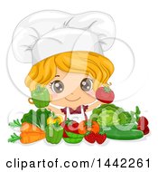 Cartoon Caucasian Girl Chef Holding Up A Tomato And Bell Pepper Over Vegetables