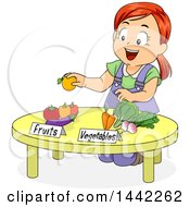 Sketched Red Haired Caucasian Girl Kneeling At A Table And Separating Fruits And Vegetables