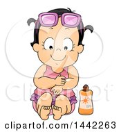 Brunette Caucasian Toddler Girl In A Swimsuit Sitting By Sunblock