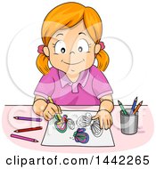Poster, Art Print Of Red Haired Caucasian Girl Coloring Butterflies With Pencils