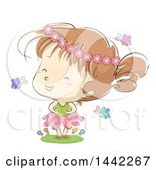 Poster, Art Print Of Sketched Caucasian Girl Wearing A Flower Crown And Playing In A Garden
