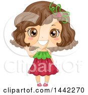 Clipart Of A Happy Waving Brunette Caucasian Girl In A Strawberry Dress Royalty Free Vector Illustration by BNP Design Studio