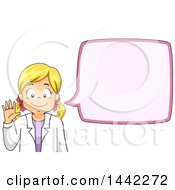 Poster, Art Print Of Cartoon Blond Caucasian Scientist Girl Waving And Talking