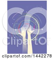 Poster, Art Print Of Pair Of Raised Hands With A Planet Stars And Spirals On Purple