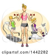 Poster, Art Print Of Sketched Faceless Blond Caucasian Woman Shown Working Out With Dumbbells On A Stationary Bicycle And On A Treadmill In A Gym