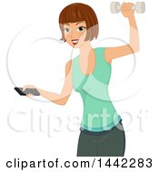 Poster, Art Print Of Brunette Caucasian Woman Holding A Tv Remote And Working Out With A Dumbbell