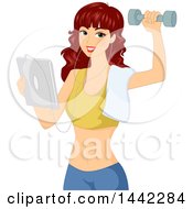 Clipart Of A Red Haired Caucasian Woman Holding A Tablet Computer And Working Out With A Dumbbell Royalty Free Vector Illustration by BNP Design Studio