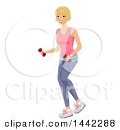 Clipart Of A Fit Blond Caucasian Woman Walking And Working Out With Dumbbells Royalty Free Vector Illustration