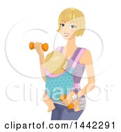 Poster, Art Print Of Fit Blond Caucasian Mother Working Out With Dumbbells And Her Baby Strapped To Her Stomach
