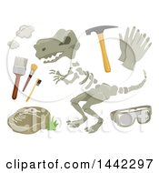 Clipart Of A Dinosuar Skeleton Fossils And Paleontology Tools Royalty Free Vector Illustration