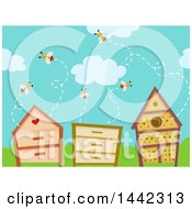 Clipart Of Bees With Boxes And Bug Hotels Royalty Free Vector Illustration