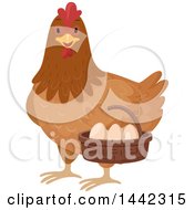 Poster, Art Print Of Happy Brown Hen Carrying A Basket Of Chicken Eggs