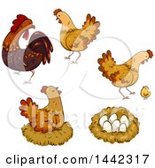 Clipart Of Hen Chickens A Rooster Nest Chick And Eggs Royalty Free Vector Illustration by BNP Design Studio