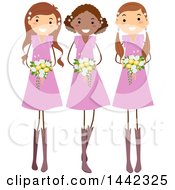 Poster, Art Print Of Group Of Happy Young Wedding Bridesmaids In Pink Dresses