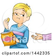 Poster, Art Print Of Cartoon Blond Caucasian Boy Eating Chips And Not Sharing