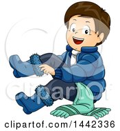 Cartoon Brunette Caucasian Boy Putting On Winter Boots