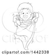Black And White Lineart Little Boy Hopping In A Potato Sack