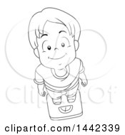 Clipart Of A Black And White Lineart Little Boy Looking Up And Standing On A Scale Royalty Free Vector Illustration by BNP Design Studio