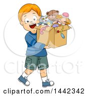 Poster, Art Print Of Cartoon Red Haired Caucasian Boy Carrying A Box Of Old Toys
