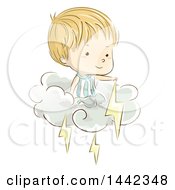 Sketched Caucasian Boy On A Cloud With Lightning Bolts