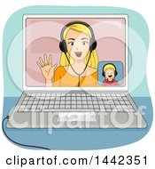 Poster, Art Print Of Blond Caucasian Mother And Son Video Chatting On A Laptop Computer