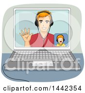 Poster, Art Print Of Cartoon Red Haired Caucasian Son And Father Video Chatting On A Laptop Computer