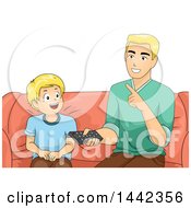 Blond Caucasian Father And Son Sitting On A Couch And Using A Remote Control